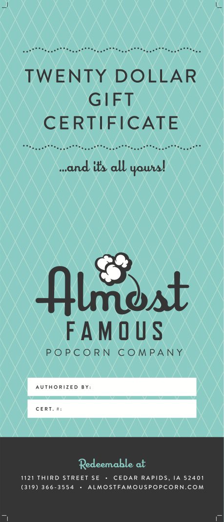 Almost Famous Popcorn Gift Card Cedar Rapids